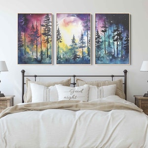 Moonlit Forest Watercolor Painting, 3 Piece Wall Art, Framed Canvas Print, Ready To Hang, Triptych Wall Art image 2