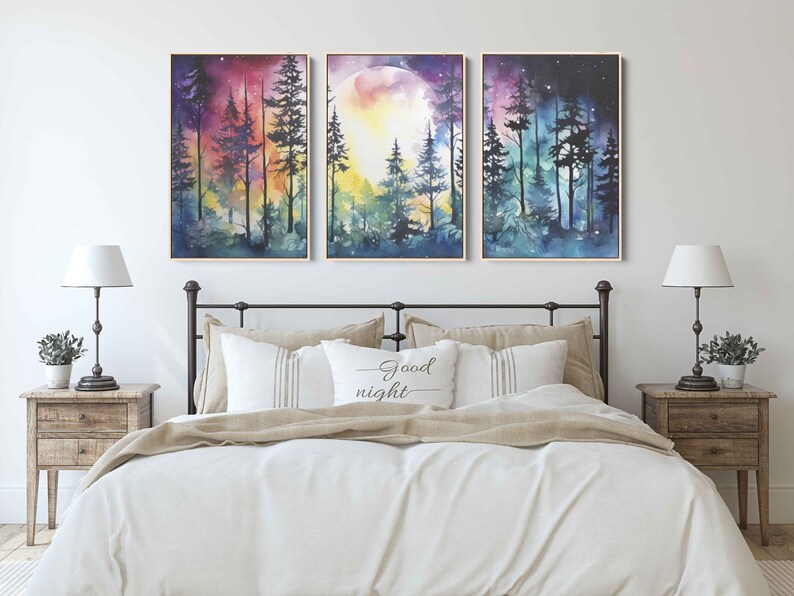 Moonlit Forest Watercolor Painting, 3 Piece Wall Art, Framed Canvas Print, Ready To Hang, Triptych Wall Art image 2