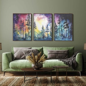 Moonlit Forest Watercolor Painting, 3 Piece Wall Art, Framed Canvas Print, Ready To Hang, Triptych Wall Art image 7