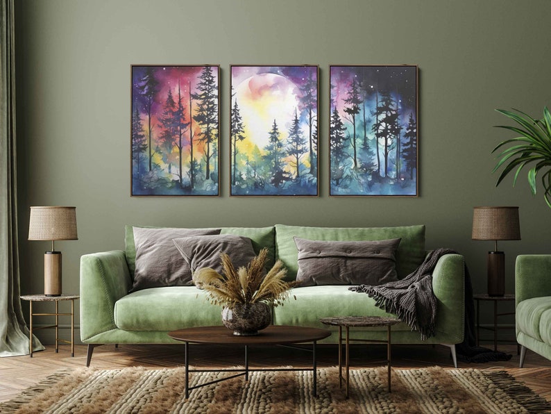 Moonlit Forest Watercolor Painting, 3 Piece Wall Art, Framed Canvas Print, Ready To Hang, Triptych Wall Art image 7