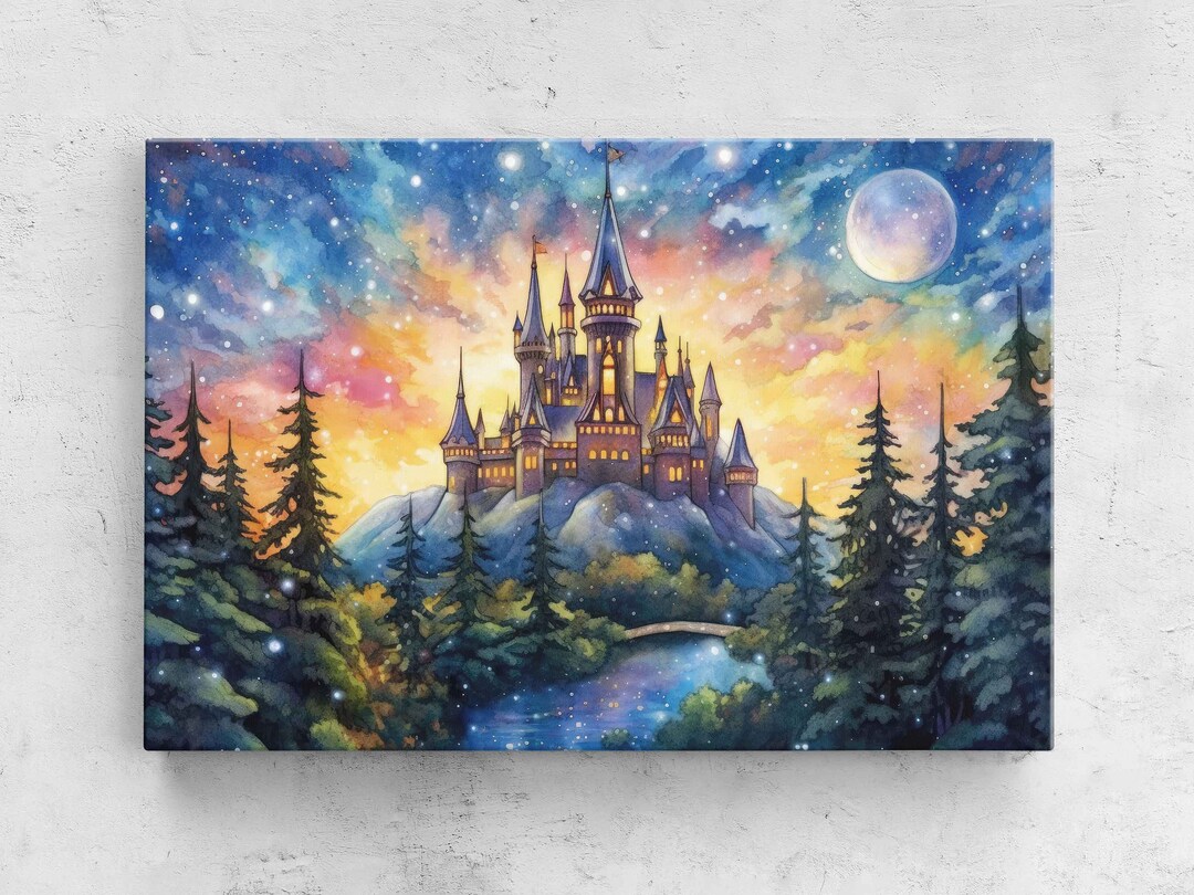Fairy Tale Castle in Enchanted Forest Watercolor Painting, Framed ...