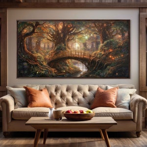 Breathtaking Enchanted Firefly Forest Acrylic Painting, Wooden Bridge, Fantasy Art, Canvas Wall Art Print, Ready To Hang, Panoramic Painting