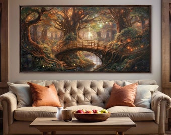 Breathtaking Enchanted Firefly Forest Acrylic Painting, Wooden Bridge, Fantasy Art, Canvas Wall Art Print, Ready To Hang, Panoramic Painting
