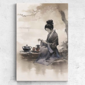 Japanese Ink Wash Tea Painting, Black And White, Framed Canvas Print, Ready To Hang
