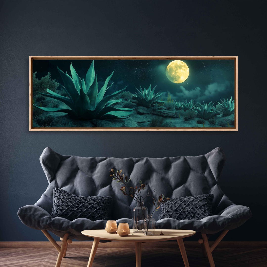 Agave Plants Under Desert Full Moon Wall Art Canvas Print, Moonlit Sky ...