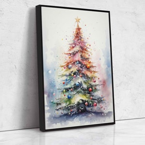Christmas Tree Watercolor Painting, Framed Canvas Print, Christmas Decorations, Gift For Christmas, Ready To Hang, Winter Pine Tree