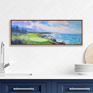 Pebble Beach Golf Course, Wall Art Canvas Print, 18th Hole, Ocean View, Bright Colors