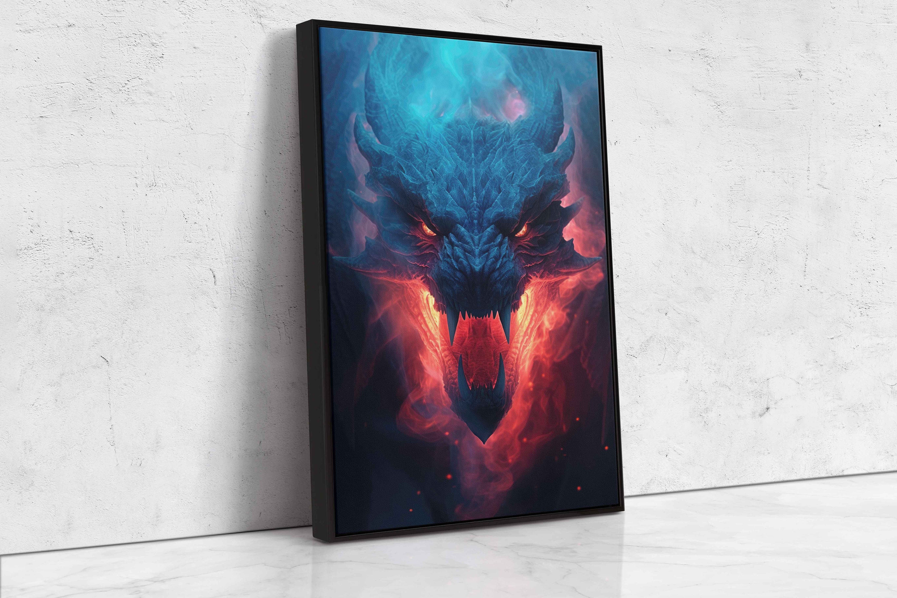 Fire Breathing Dragon Head Wall Art Print, Framed Canvas Print, Office ...