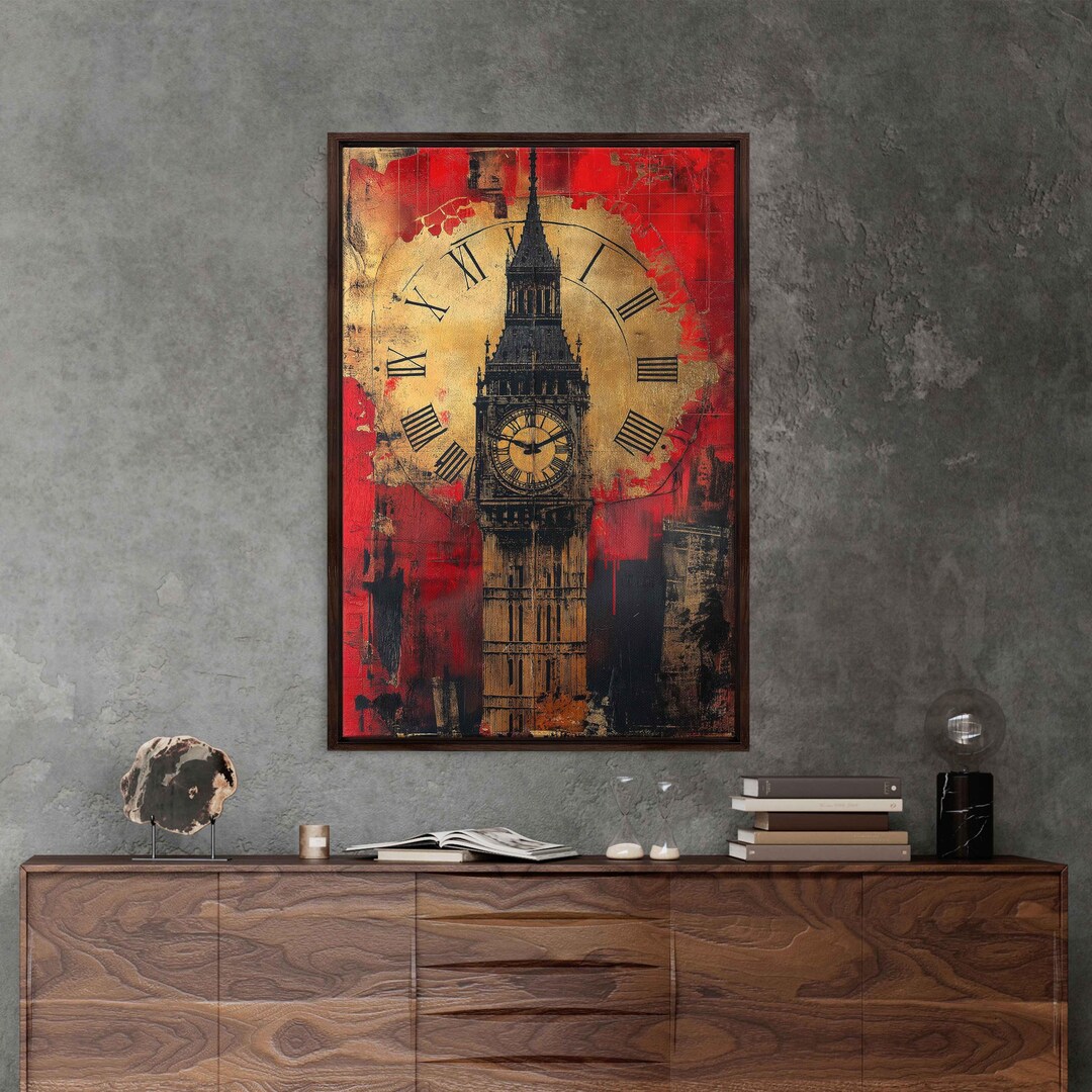 Surreal Golden Clock Tower, Wall Art Canvas Print, Whimsical Collage ...