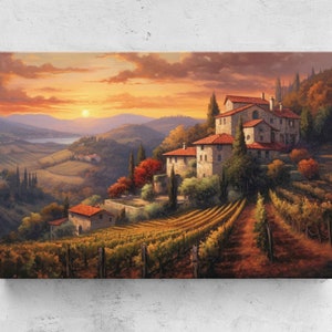 Italian Village Vineyards Sunset Acrylyic Painting, Framed Canvas Print, Ready To Hang