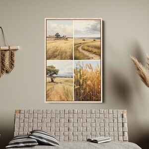 Wheat Fields Watercolor Wall Art Canvas Print, Rural Farm Life, Old Farmhouse, Cloudy Skies, Ready To Hang