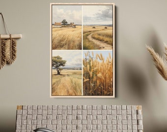 Wheat Fields Watercolor Wall Art Canvas Print, Rural Farm Life, Old Farmhouse, Cloudy Skies, Ready To Hang