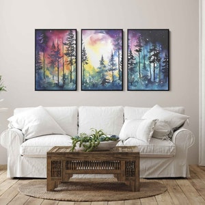 Moonlit Forest Watercolor Painting, 3 Piece Wall Art, Framed Canvas Print, Ready To Hang, Triptych Wall Art image 9