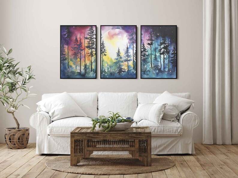 Moonlit Forest Watercolor Painting, 3 Piece Wall Art, Framed Canvas Print, Ready To Hang, Triptych Wall Art image 9