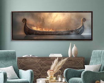Viking Longship Set On Fire Floating In Sea Wall Art Canvas Print, Norse Decor, Nautical Wall Art, Ready To Hang