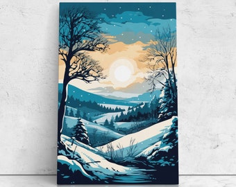 Pop Art Winter Sunrise Landscape Illustration On Canvas, Framed Canvas, Ready To Hang