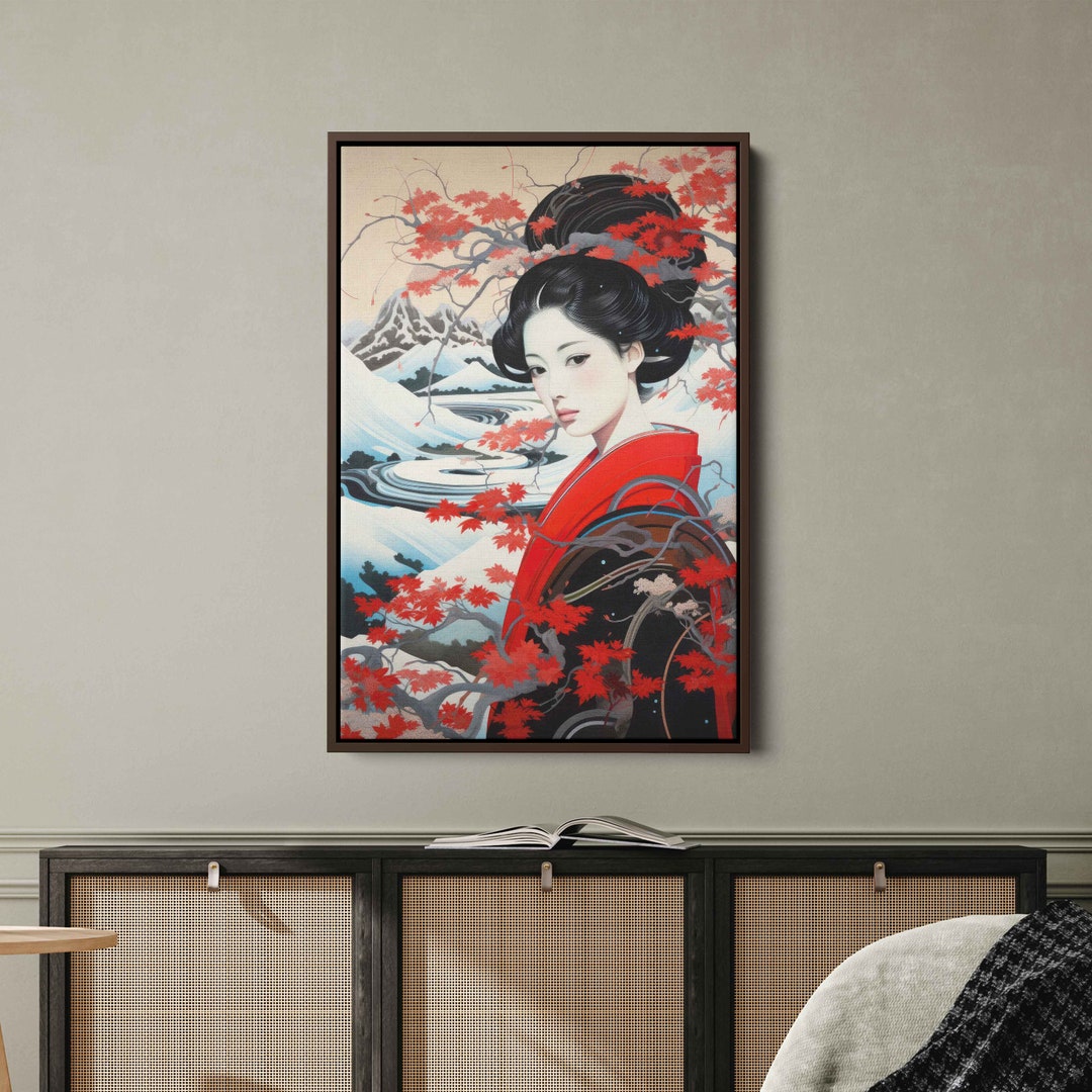Ukiyo-e Style Japanese Geisha Wall Art Canvas Print, Snowy Mountain ...