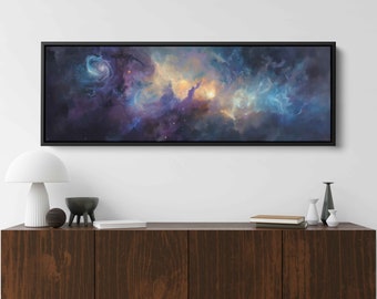 May include: A long, horizontal framed canvas painting depicting a nebula with swirling clouds of purple, blue, and yellow. The painting is set against a dark background with a scattering of stars.