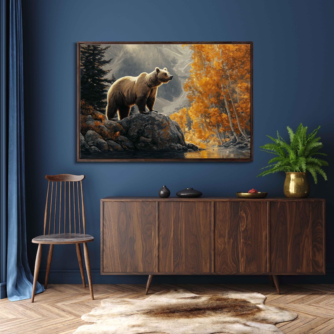 Majestic Grizzly Bear on Cliff, Wall Art Canvas Print, Autumn Colors ...