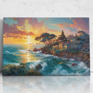 Luministic Coastal Oil Painting, Natural Harbor, Town On A Cliff, Beach House Decor, Digital Print On Canvas, Ready To Hang Canvas