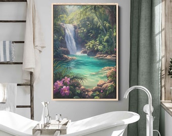 Jungle Oasis Painting, Canvas Wall Art, Realistic Waterfall Art, Framed Canvas Print, Ready To Hang