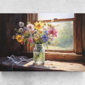 Flowers In Mason Jar, Rustic Wall Art, Framed Canvas Print, Ready To Hang