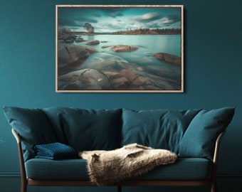 Foggy Lake Hdr Landscape Photography, High Resolution Framed Canvas Print, Ready To Hang
