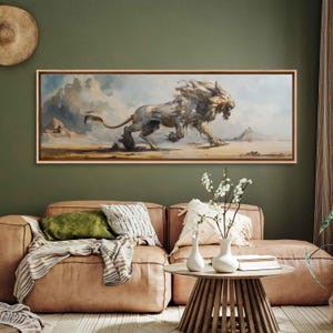 Fierce Chimera On Muted Landscape Watercolor Wall Art Canvas Print, Greek Mythology, Mythological Creature, Lion Painting, Ready To Hang