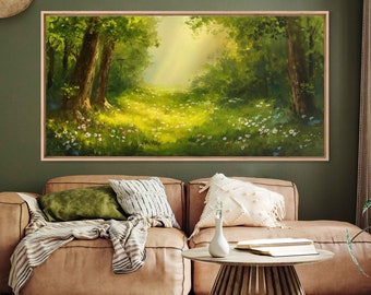 Tranquil Forest Painting, Green Nature, Framed Canvas Print, Ready To Hang