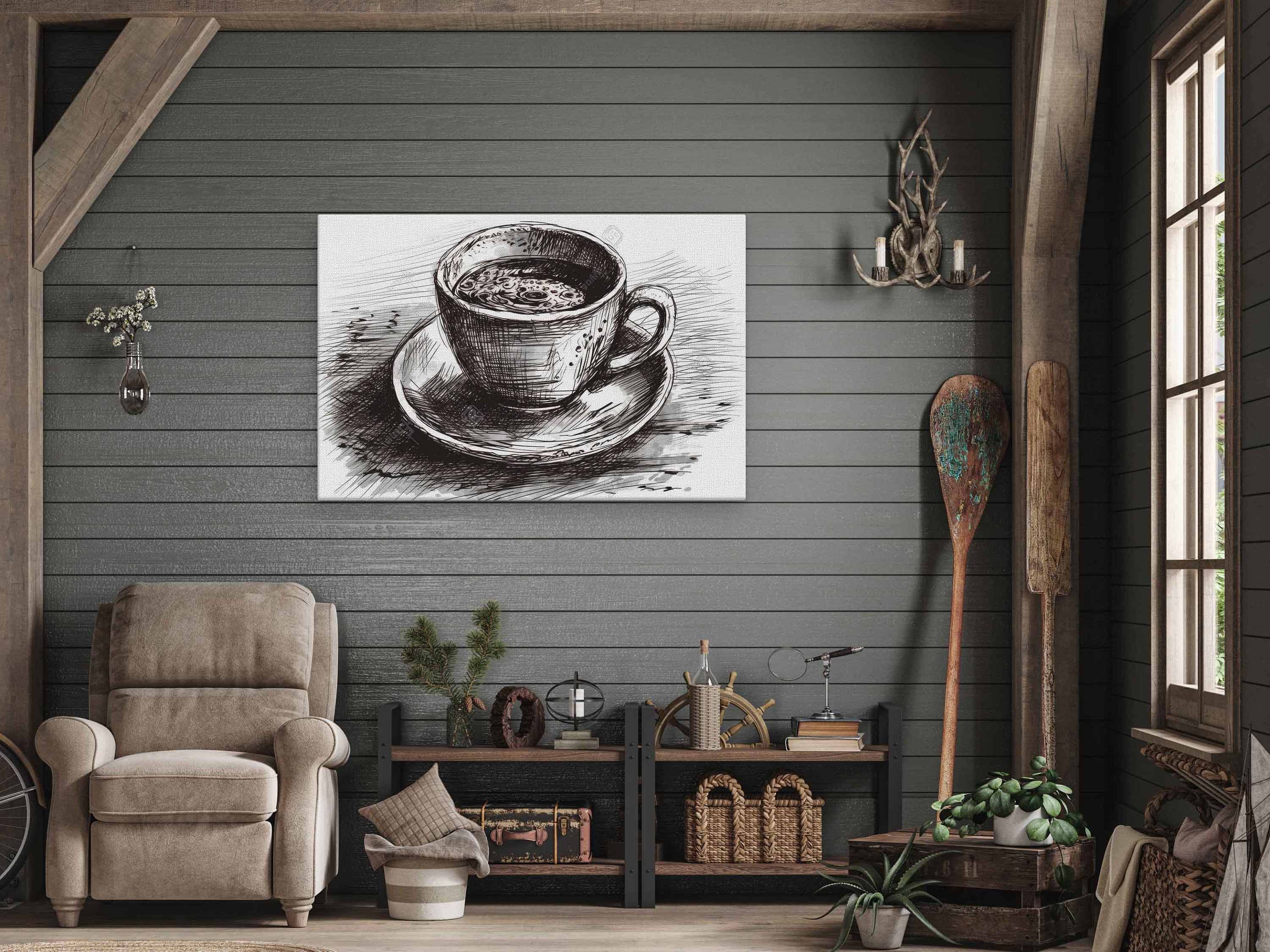鉛筆画「A coffee break」　B5大サイズ Coffee Cup Drawing, Expressionist Pencil Art, Digital Illustration