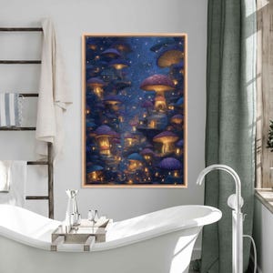 Fairy Village Within Giant Mushrooms, Wall Art Canvas Print, Enchanted Lights, Fantasy Artwork