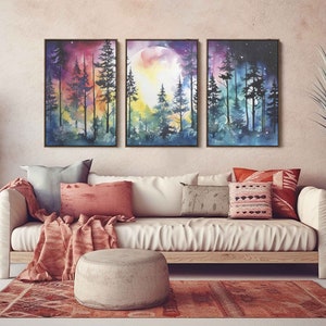 Moonlit Forest Watercolor Painting, 3 Piece Wall Art, Framed Canvas Print, Ready To Hang, Triptych Wall Art image 8