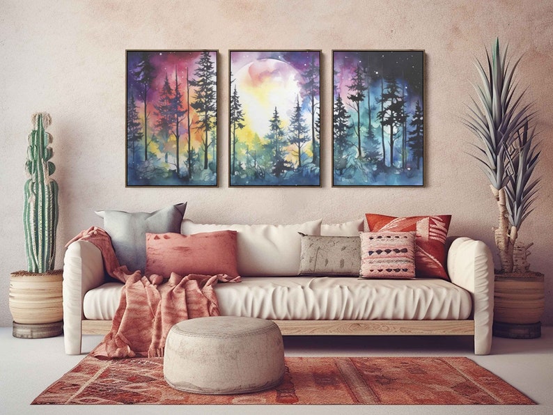 Moonlit Forest Watercolor Painting, 3 Piece Wall Art, Framed Canvas Print, Ready To Hang, Triptych Wall Art image 8