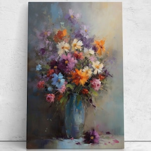 Colorful Wildflowers In Vase Still Life Oil Painting, Framed Canvas Print, Ready To Hang, Impressionist Art
