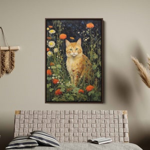 Orange Cat In Flourish Garden, Framed Canvas Print, Ready To Hang