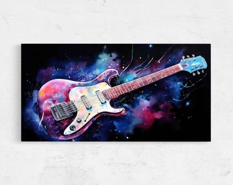 Guitar In Space Watercolor, Space Painting, Framed Canvas Print, Ready To Hang