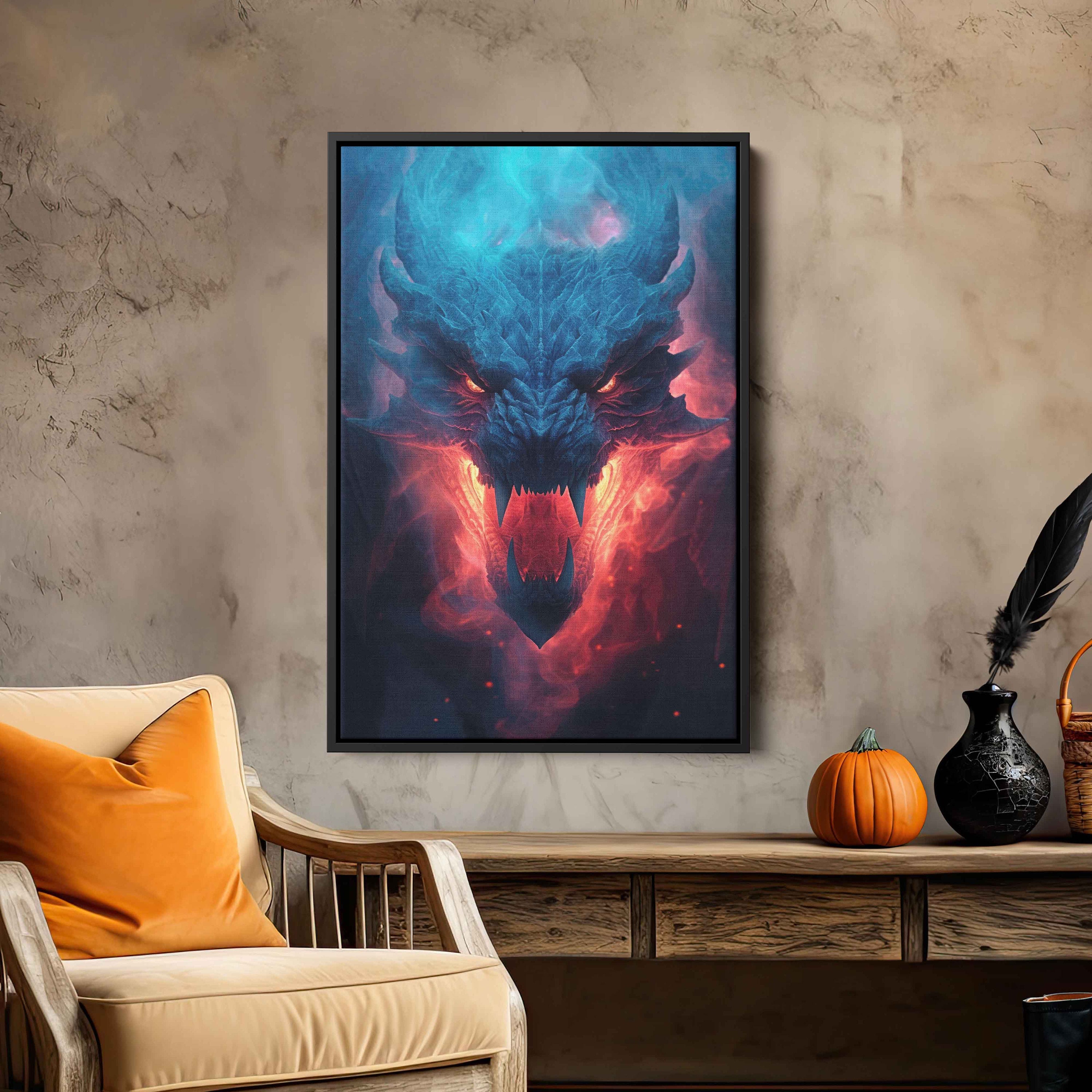 Fire Breathing Dragon Head Wall Art Print, Framed Canvas Print, Office ...