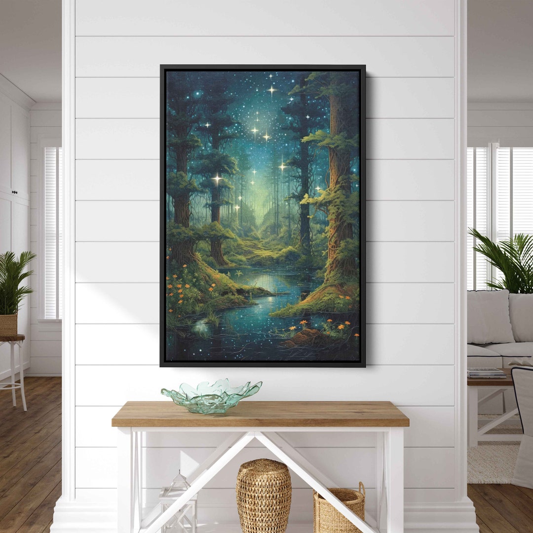 Enchanted Forest Starry Night Sky, Digital Print on Canvas, Framed Art ...