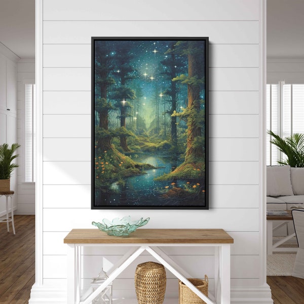 Enchanted Forest Starry Night Sky, Digital Print On Canvas, Framed Art, Ready To Hang, Vibrant Colors