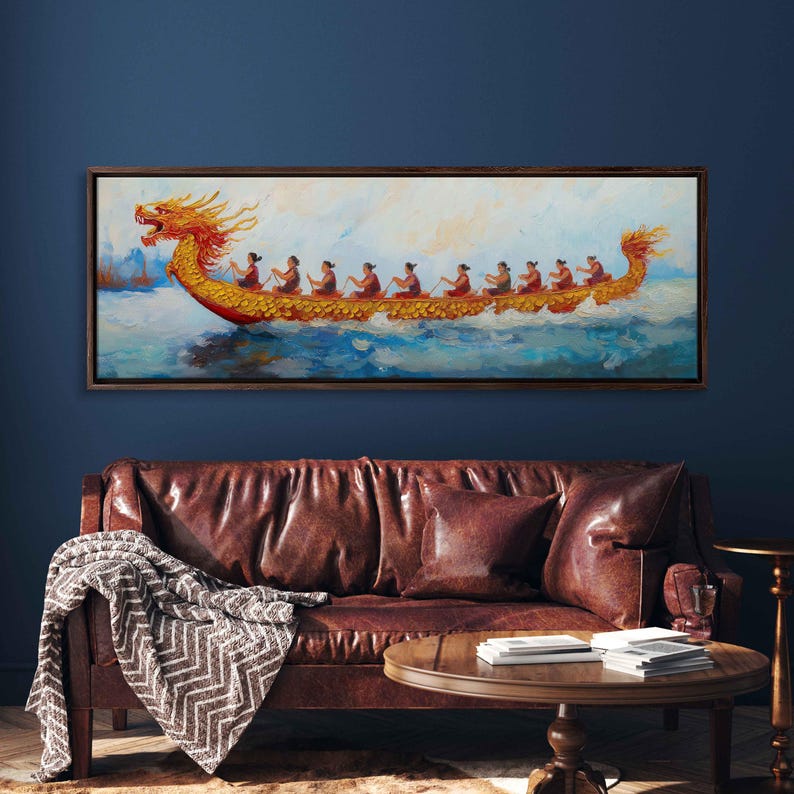 A dragon boat print above a couch