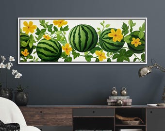 Bright Watermelons And Flowers Acrylic Wall Art Canvas Print, Fruit Painting, Floral Wall Art, Kitchen Art, Ready To Hang