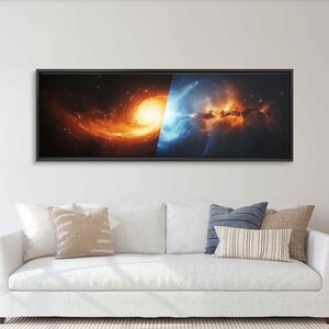 May include: A panoramic photograph of a nebula in space. The nebula is a swirling mass of gas and dust, with a bright, fiery orange center and a cooler, blue outer edge.