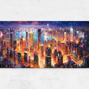 Shimmering Aerial Colorful Cityscape Painting, Framed Canvas Print, Ready To Hang, Office Decor