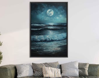 May include: A painting of a dark blue ocean with waves crashing under a full moon. The moon is bright white and the sky is dark blue with a few clouds.