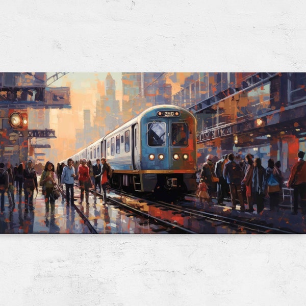 Busy Train Station Painting, Framed Canvas Print, Ready To Hang, Impressionist Art, Office Decor, Living Room Decor