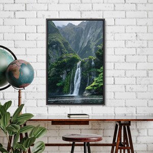 Serene Waterfall, Lush Greenery, Tranquil Lake, Mountain Range, Cloudy Skies, Canvas Wall Art Print, Ready To Hang