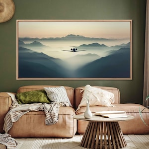 Private Jet Flying Over Mountains Photography Wall Art Canvas Print, Minimalist Aviation Photo, Monochromatic Airplane Art, Ready To Hang