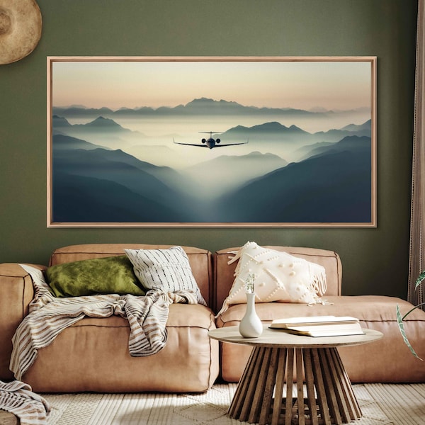 Private Jet Flying Over Mountains Photography Wall Art Canvas Print, Minimalist Aviation Photo, Monochromatic Airplane Art, Ready To Hang