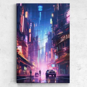 Neon Cyberpunk City Streets Wall Art, Framed Canvas Print, Ready To Hang, Vibrant Colors, Man Cave Art, Game Room Decor