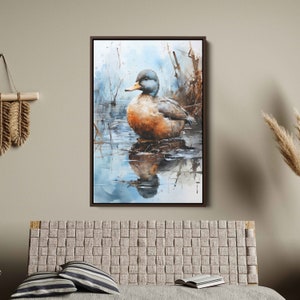 Duck In Pond Watercolor Wall Art Canvas Print, Gift For Animal Or Nature Lover,  Ready To Hang